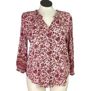 Mason & Belle Top Womens XXLWhite Brown Tierra Floral Smocked Button Up Shirt